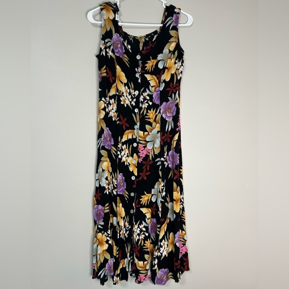 Floral Sleeveless Dress - Black, Yellow, Purple, Size 8